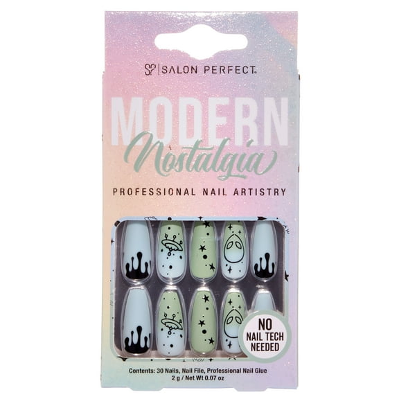Salon Perfect Artificial Fake Press-ons, 215 Modern Nostalgia, Matte Blue Green UFO, Long Coffin, File and Glue Included, 30 Nails