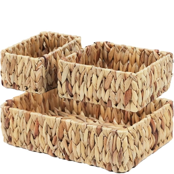 Rattan Basket Rattan Serving Tray Set of 3, NOGIS Rectangle Rectangle Wicker Storage Baskets Large Wicker Baskets for Organizing, Decorative Woven Basket for Home Bathroom Kitchen (3 Size)