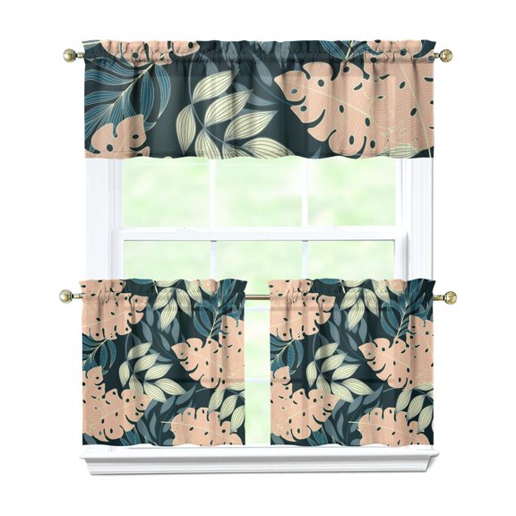Kitchen Curtains 24 Inch Short - 3 Panel Set, Rod Pocket Window Curtain with Tropical Leaf Botanical Print, 100% Polyester for Farmhouse, Cafe, Kitchen, Bedroom, Easy Wash