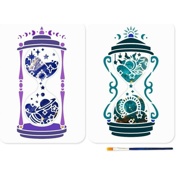 2pcs A4 Starry Sky Hourglass Stencils with Paint Brush 11.7×8.3inch Planet Sun Landscape Moon Phase Template Reusable Art Stencil for Painting on Wood Wall Fabric Home Decor