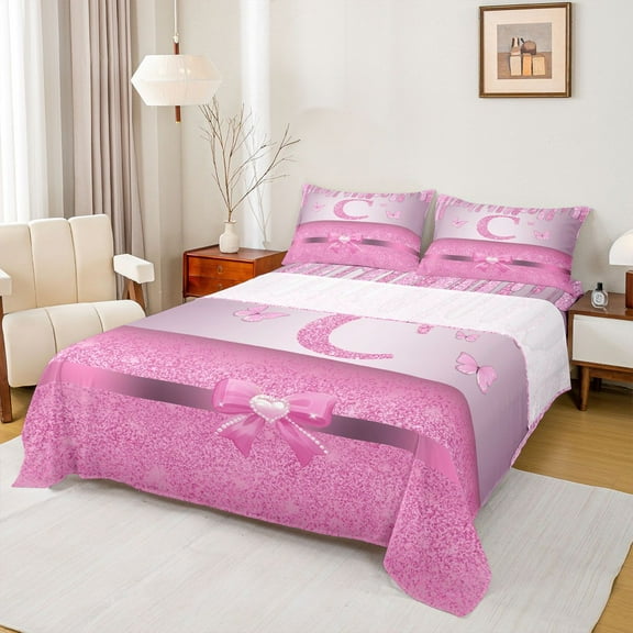Manfei Kawaii Bowknot Alphabet C 3pcs Twin Sheet Sets for Female Women Teens,Bling Glitter Splash Twin Fitted Sheet,Flying Butterfly Breathable Flat Sheet,Dreamy Princess Room Decor