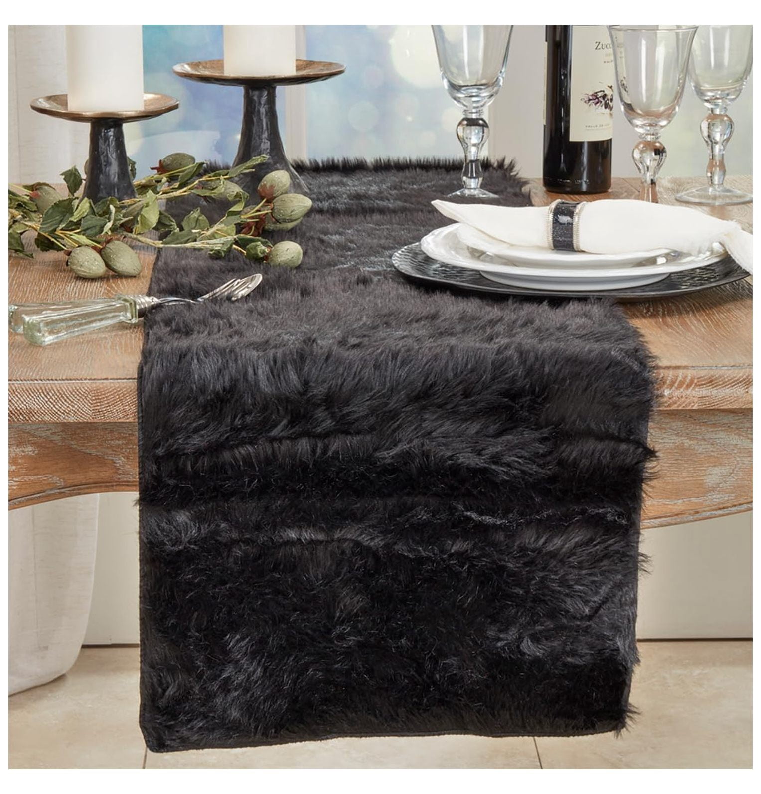 Juneau Faux Fur Table Runner 15 x 90 Inch - Black Table Cover for Dining Room, Holiday Decor