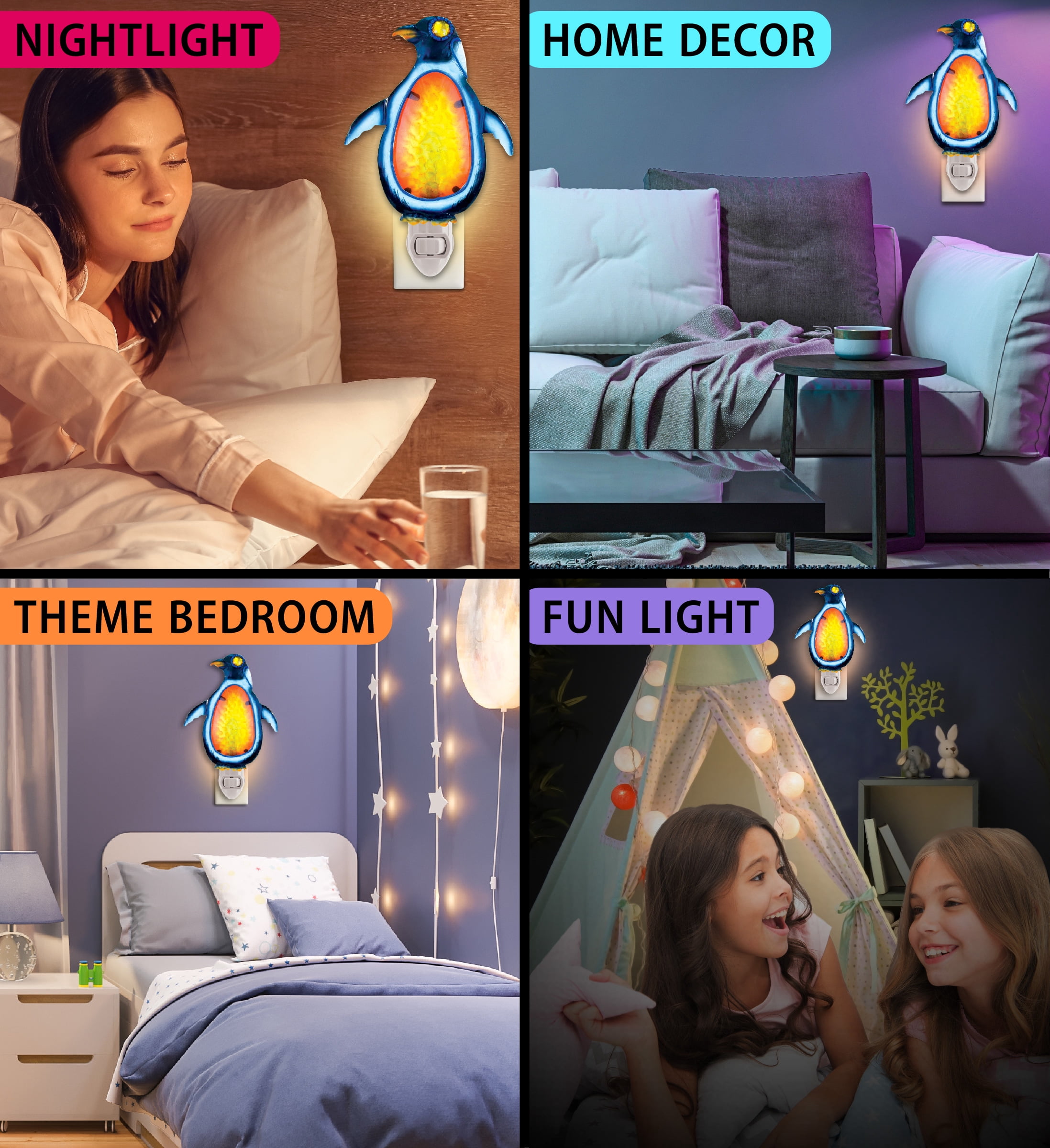 Puzzled Glass Art Night Light Penguin, Plug in Decorative Socket Lamp