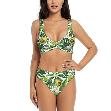 Zeuib Watercolor Green Tropical High Waisted Tummy Control Bikini Set - Knot Front Push Up Top & Cheeky Thong Bottom  Two-Piece Swimsuit for Women-Small
