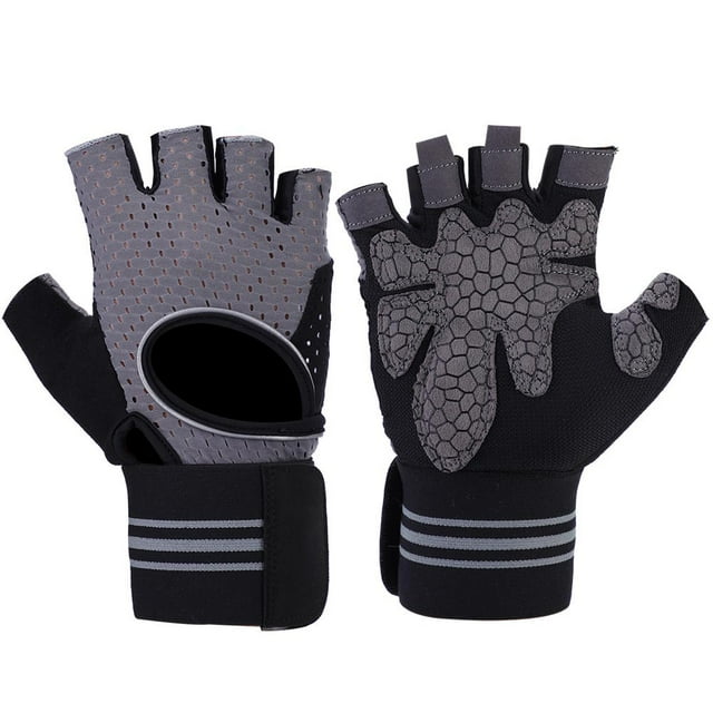 BOODUN 1 par de guantes de gimnasio antideslizantes para levantamiento de pesas con protección de medio dedo (gris, M)