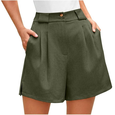 WCMZJ Womens Shorts Dressy Casual 2025 Trendy Summer Elastic High Waisted Pleated Side Slit Business Work Shorts with Pockets Army Green 2XL