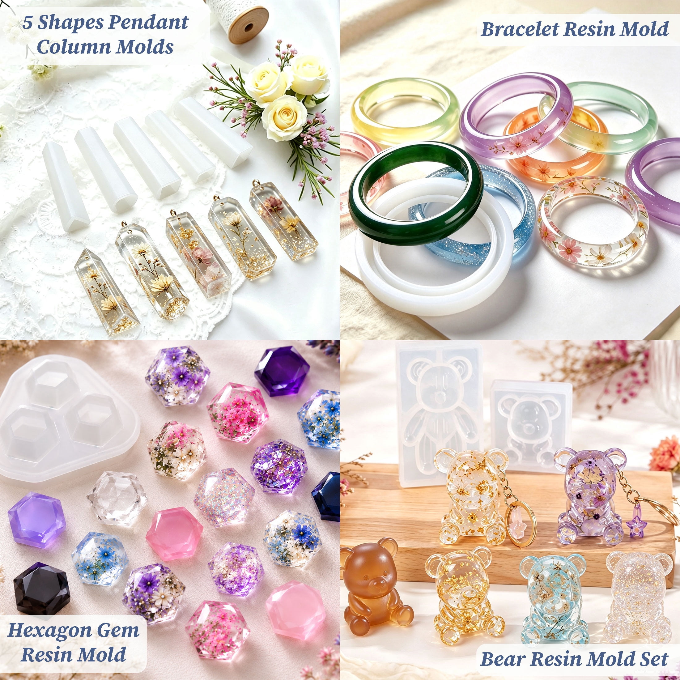 229 Pcs Resin Molds Silicone Kit, Resin Casting Molds Set with Bear, Bangle Bracelet, Pendant, Gem, Column Molds & Tools, DIY Epoxy Resin Molds for Jewelry, Keychain, Earring, Home Decoration Crafts