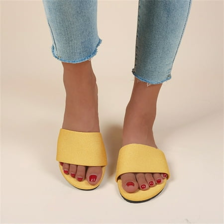

uikmnh Slippers for Women Round Toe Solid Color Leather Flat Open Toe Casual Slippers Yellow 8