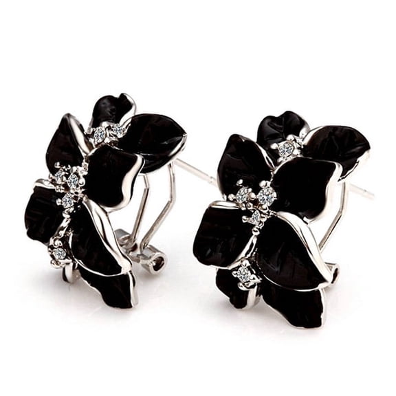 Yoursfs Silver Black Flower Clip on Stud Earrings for Women Gold Plated Enamel Ceramic Hypoallergenic Unique Clip Earring Studs
