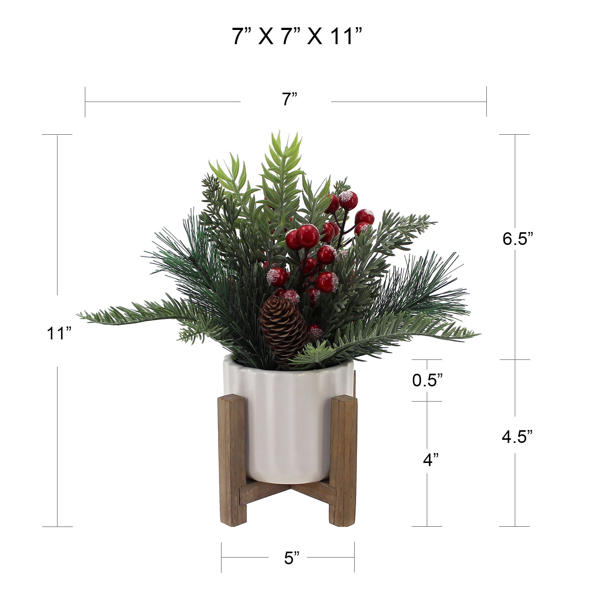 Mainstays 11" Decorative Tabletop Christmas Artificial Tree with Red Berries & Pine in White Ribbed Ceramic Planter on Wooden Stand