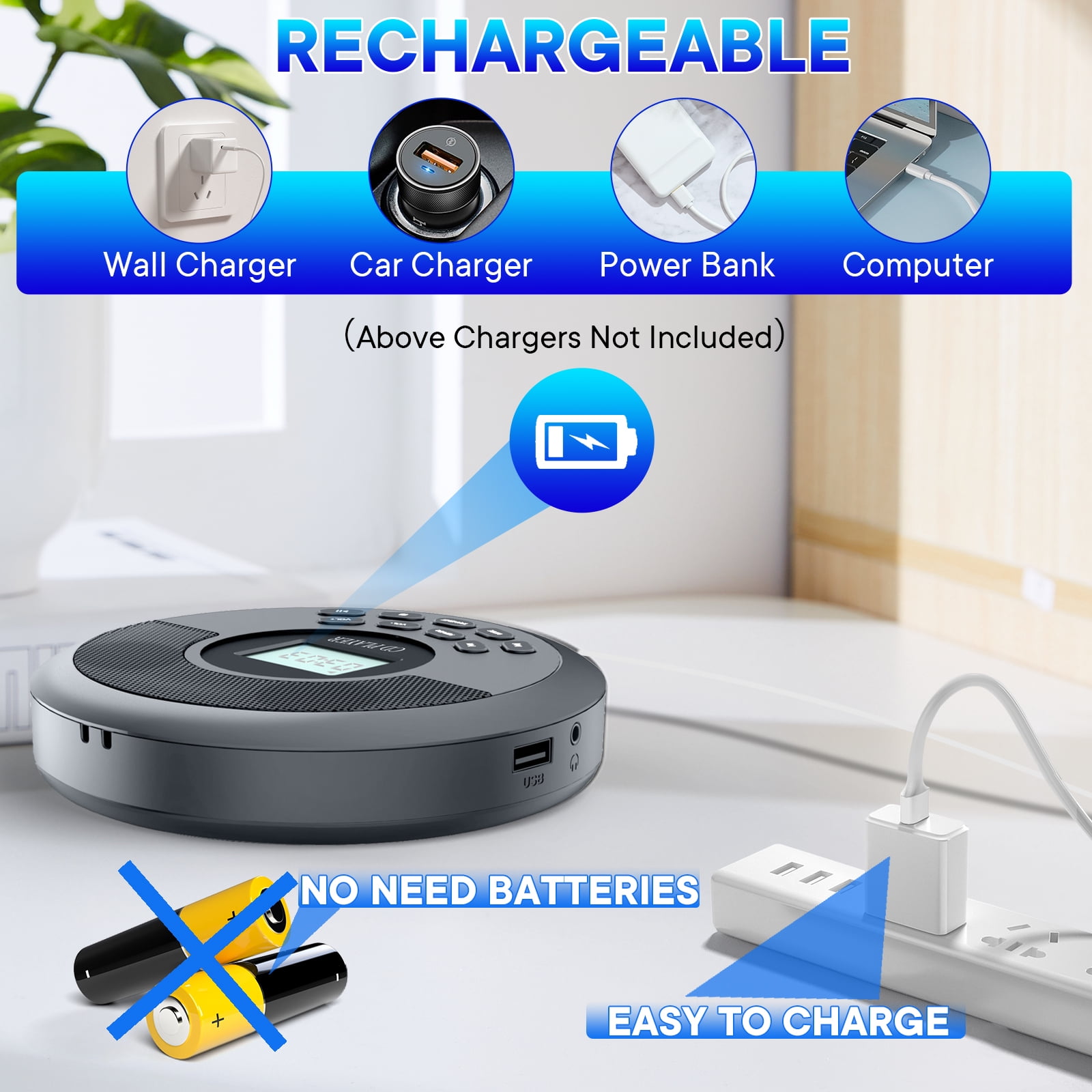 Portable CD Player Bluetooth:Rechargeable Walkman CD Player with Speakers and Headphones,Small CD Player for Car Plug in with Anti-Skip Protection,CD/USB/BT Playable.
