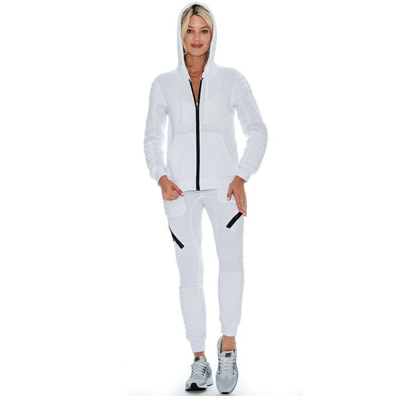 9 Crowns Women's Slim FIt Moto Hoodie Jacket and Pant Tracksuit Set (White, Small)