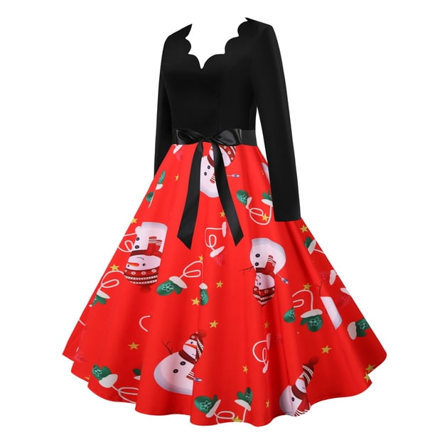 Moda mujer otoño Navidad cuello en V estampado suelto cómodo vestido de manga larga Fridja nbo3281