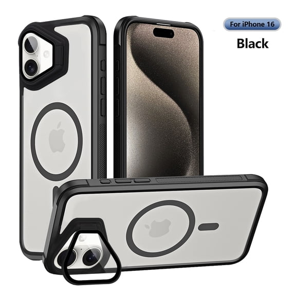 Magnetic for iPhone 16 Case [Compatible with MagSafe][Military Grade Drop Protection][Lens Folded Kickstand] Slim Translucent Matte Shockproof with Anti-Fingerprint Phone Case,Black