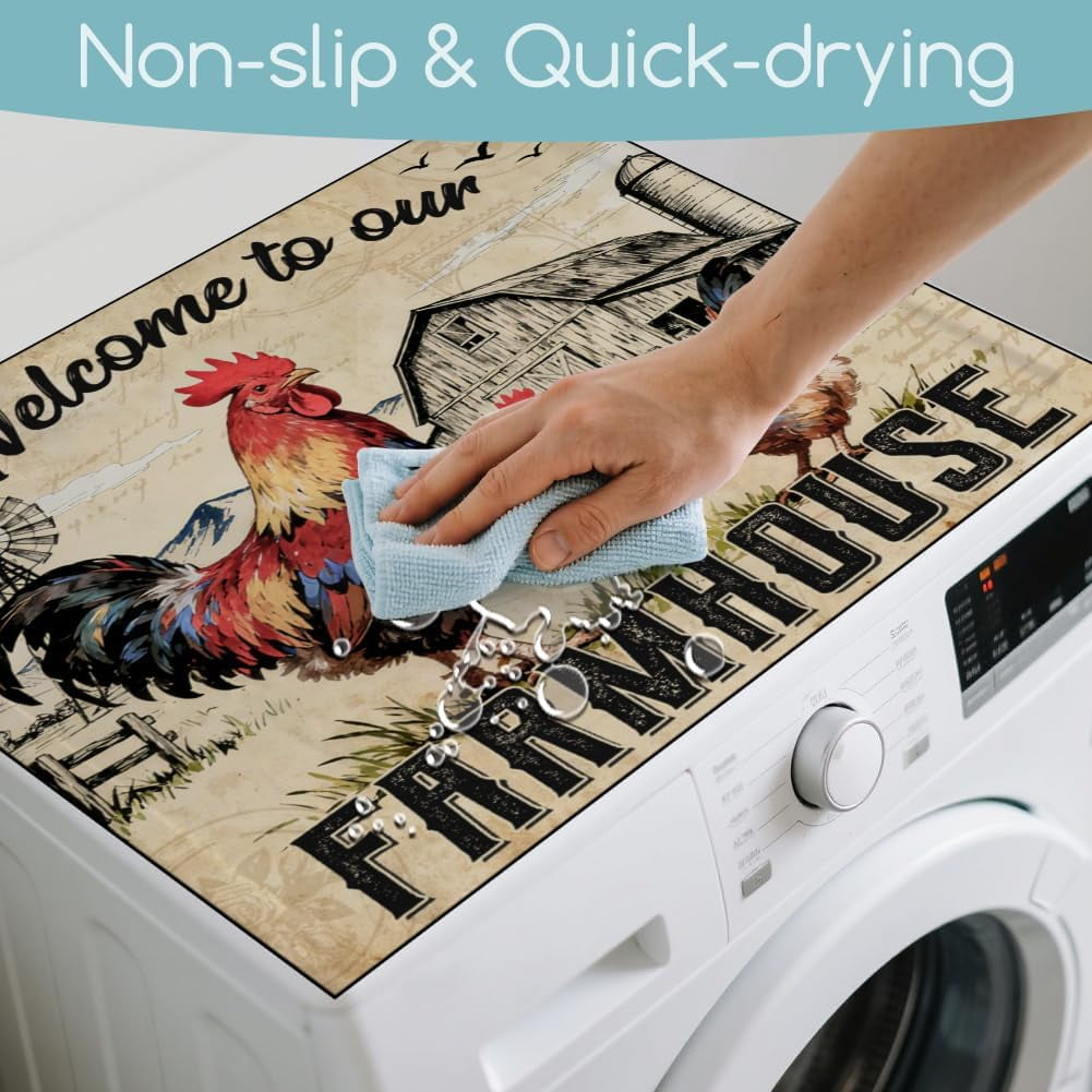 Retro Farm Rooster Laundry Room Washer Dryer Dust Cover Mat 23.6x19.7inch Welcome Cock Washing Machine Top Protector Pads Vintage