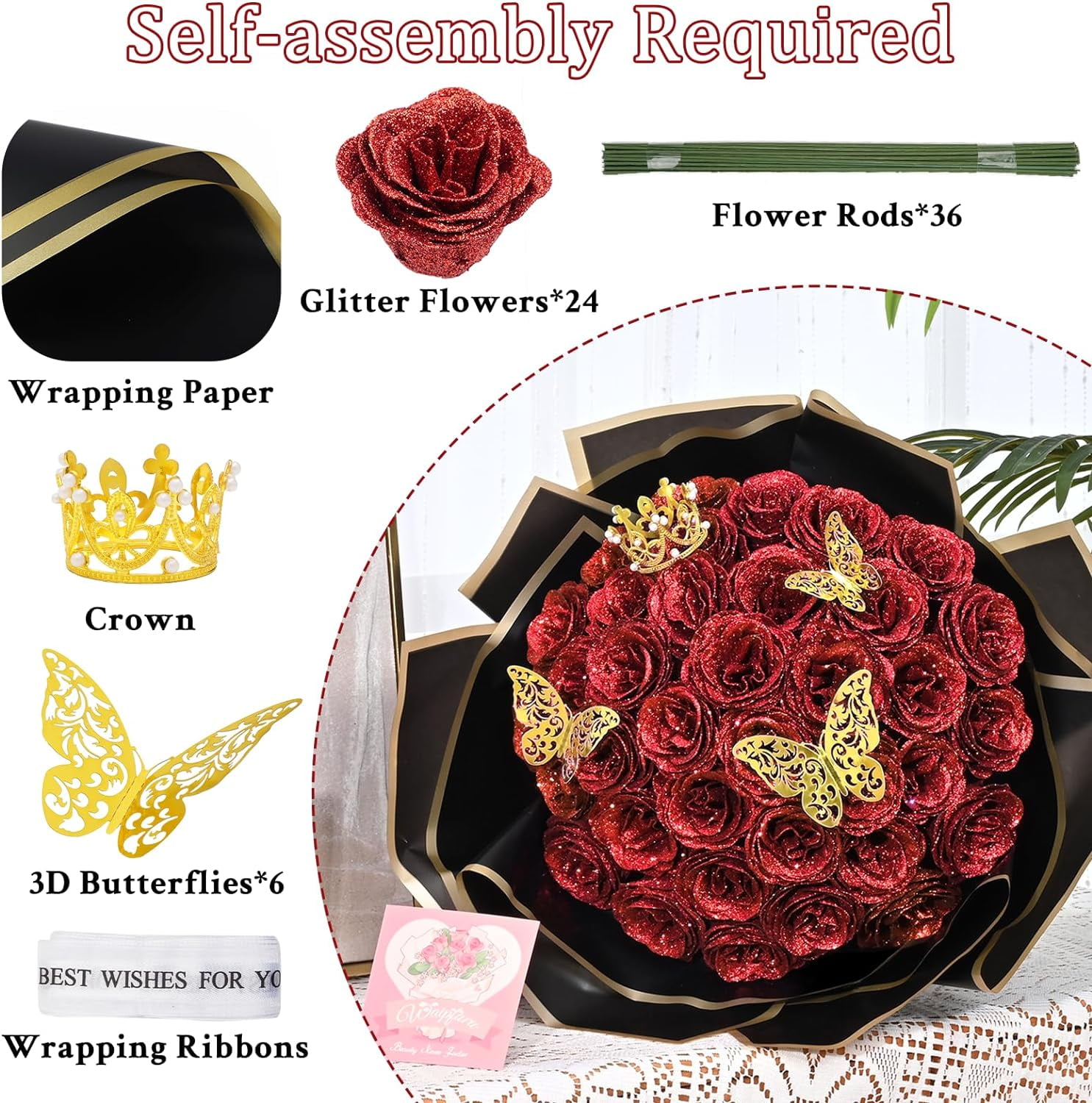 Waipfaru Glitter Roses Bouquet,24pcs Artificial Rose Flower,DIY Glitter Everlasting Rose Bouquet with Stem for Graduation,Engagement,Anniversary,Wedding