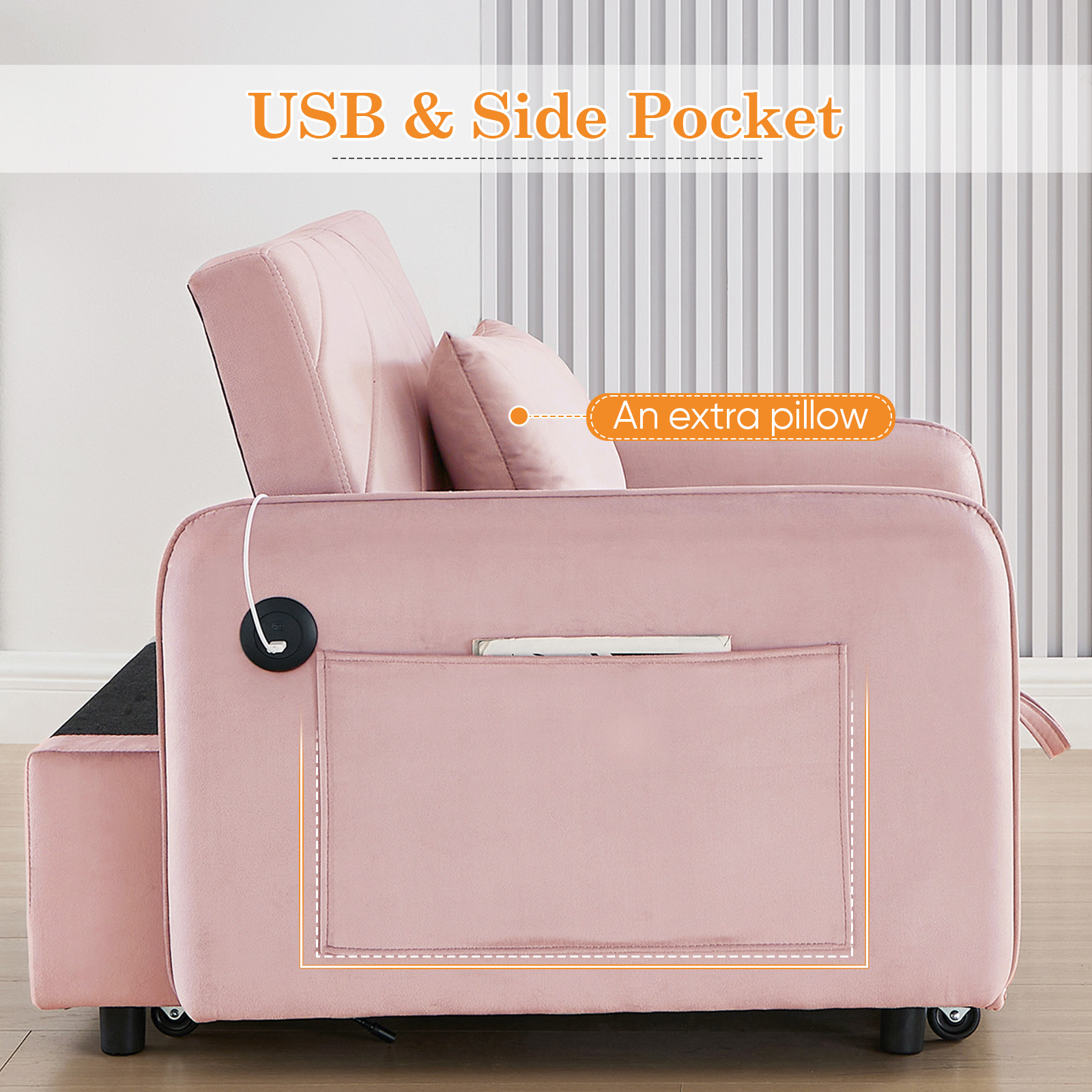 Lunale Convertible Sleeper Chair Bed, Indoor Lounge Chair with USB, Velvet Single Sofa Bed, Pink