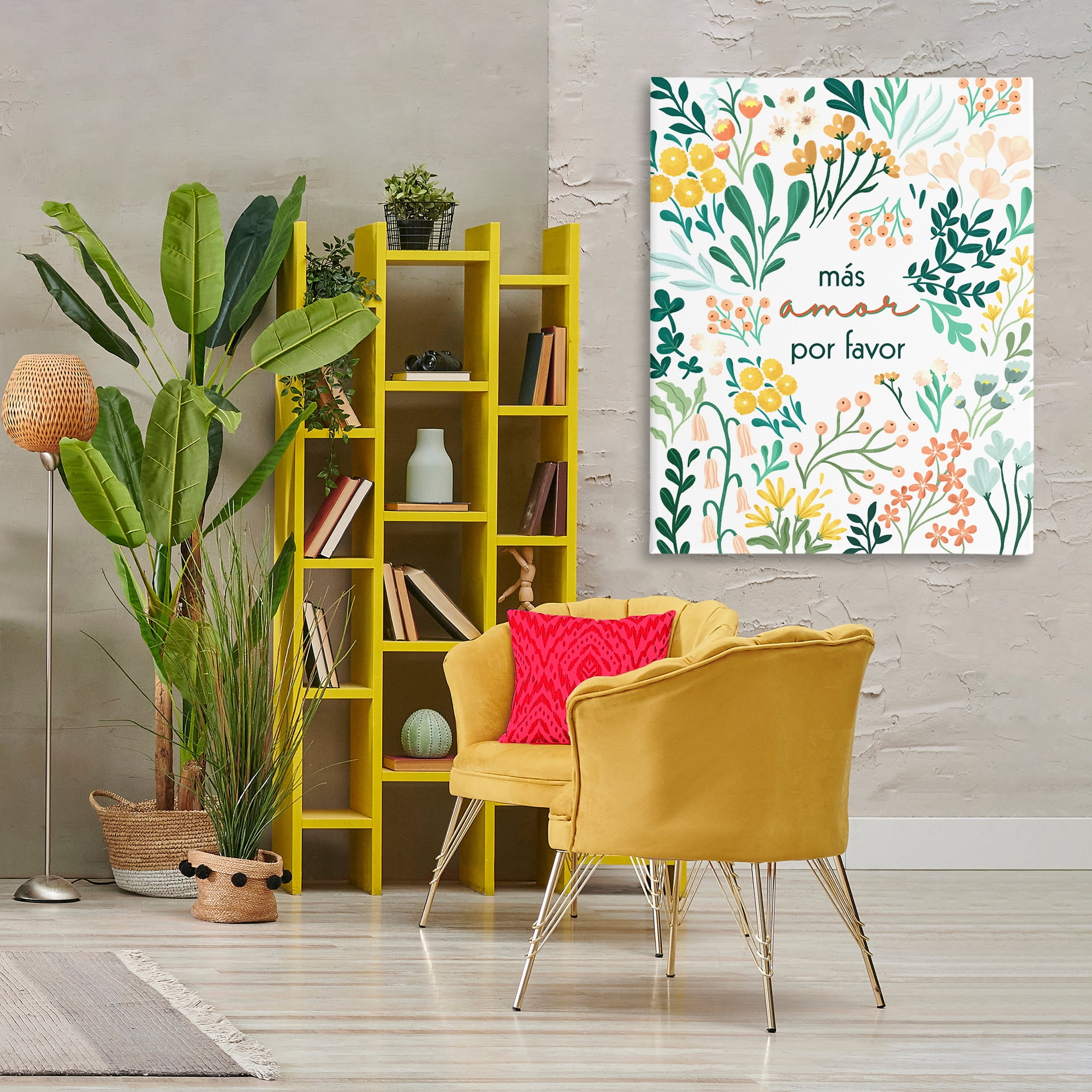 Stupell Industries Más Amor Por Favor Flores Inspirational Quotes & Sayings Painting Wrapped Canvas Art Print Wall Art, 36 x 48