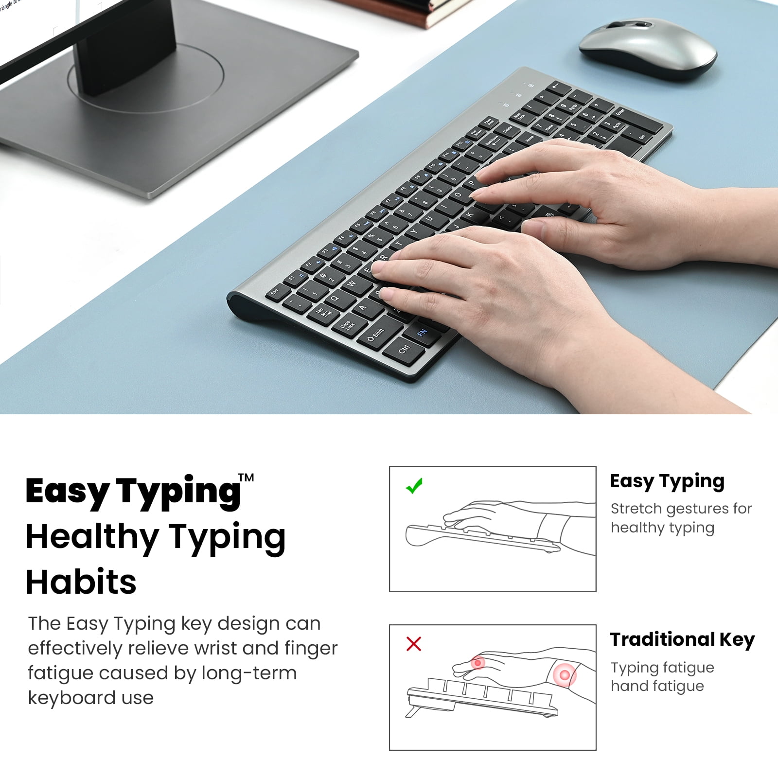 Wireless Keyboard and Mouse Combo, Cimetech Quiet Keyboard and Adjustable DPI Mouse Set, 2.4GHz USB Ultra Slim Silent Computer Keyboard and Mouse for Laptop, PC, Notebook, Desktop-Gray