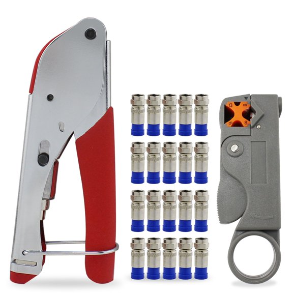 ESUMIC RG6 RG59 Coax Cable Compression Crimper Tool Kit,with 20 pcs Coaxial Compression Fitting Connector,Compression Tool, Coax Cables Stripper for Cable TV Video Audio