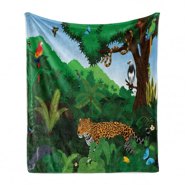Jaguar Soft Flannel Fleece Throw Blanket, Animals in Rainforest Exotic Birds Snakes and Tapirs Tropical Jungle Illustration, Cozy Plush for Indoor and Outdoor Use, 50" x 60", Multicolor, by Ambesonne