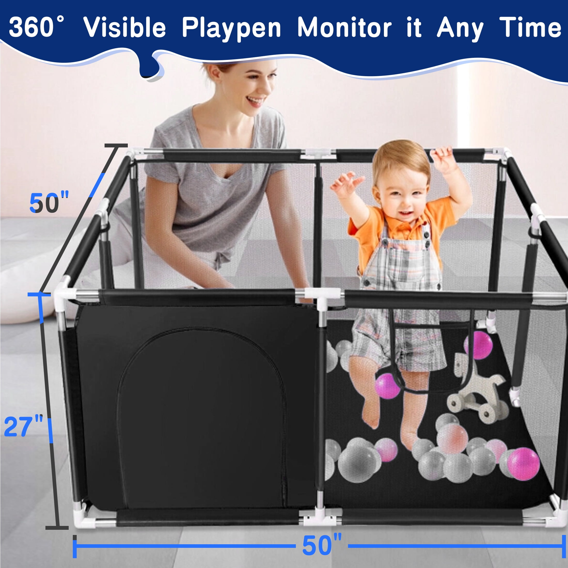 Baby Playpen, Outdoor Play Yard, Portable Play Yard 4-Panel- Baby Safety Playpen for Infant Toddler Black