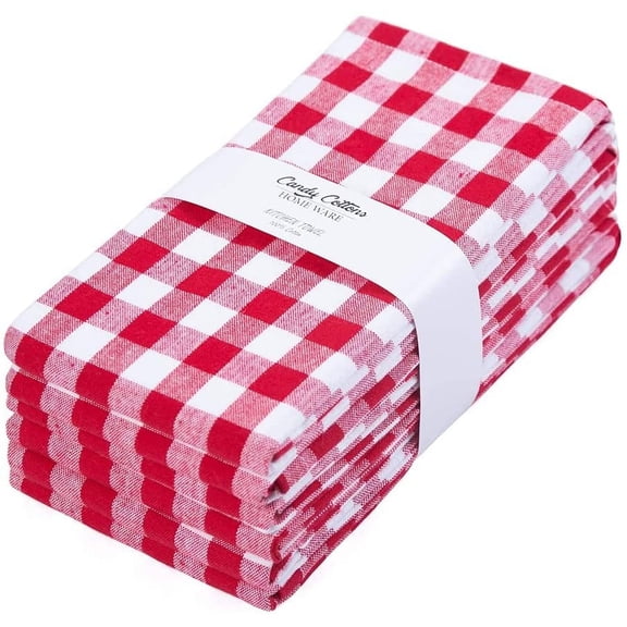 Cotton Carnival Set of 6 Kitchen Dish Towels, Plaid 100% Cotton Kitchen Towels, with Hanging Loop, Dishcloth Sets for Drying Dishes, Tea Towels 18*28, Gingham Check, Red and White