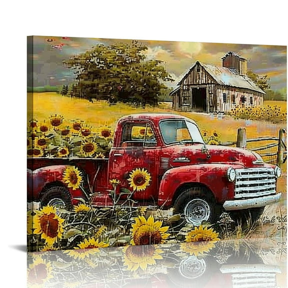 BCIIG Farmhouse Wall Art Decor Rustic Red Truck Sunflower Pictures Country Old Barn Windmill Painting Canvas Prints Modern Home Artwork Decorations for Kitchen Bathroom Bedroom Living Room 20x16in