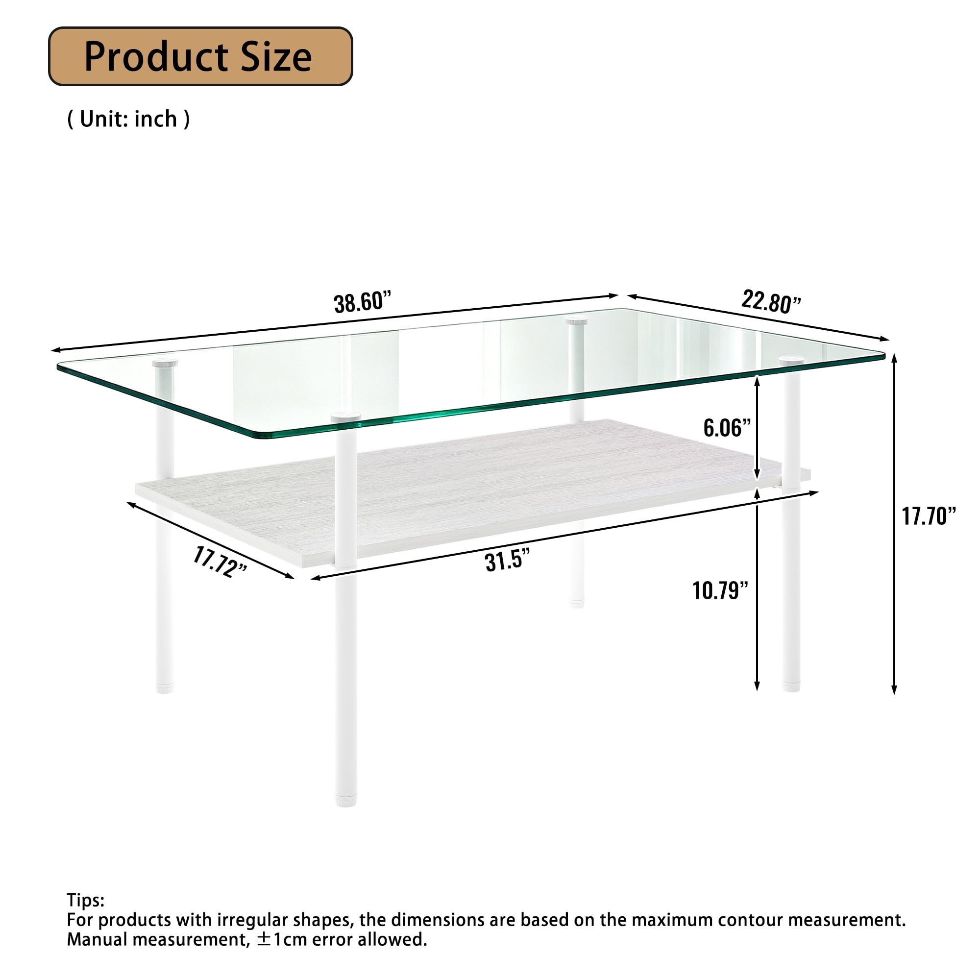 Modern Rectangular Glass Coffee Table with Tempered Glass Top and Wood Shelf, 38.6-Inch Center Table for Living Room, Transparent and White