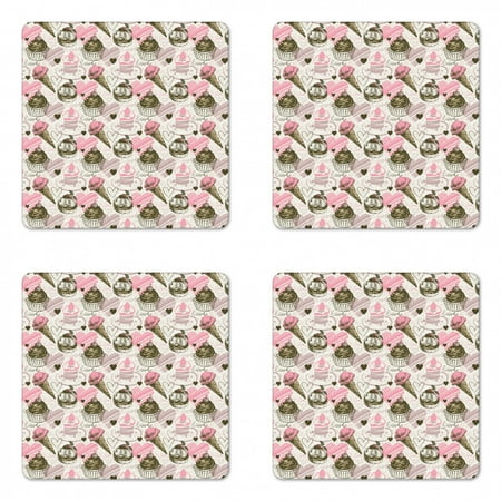 

Ice Cream Coaster Set of 4 Grunge Style Cupcakes with Murky Heart Love Romance Illustration Square Hardboard Gloss Coasters Standard Size Army Green Pale Pink by Ambesonne