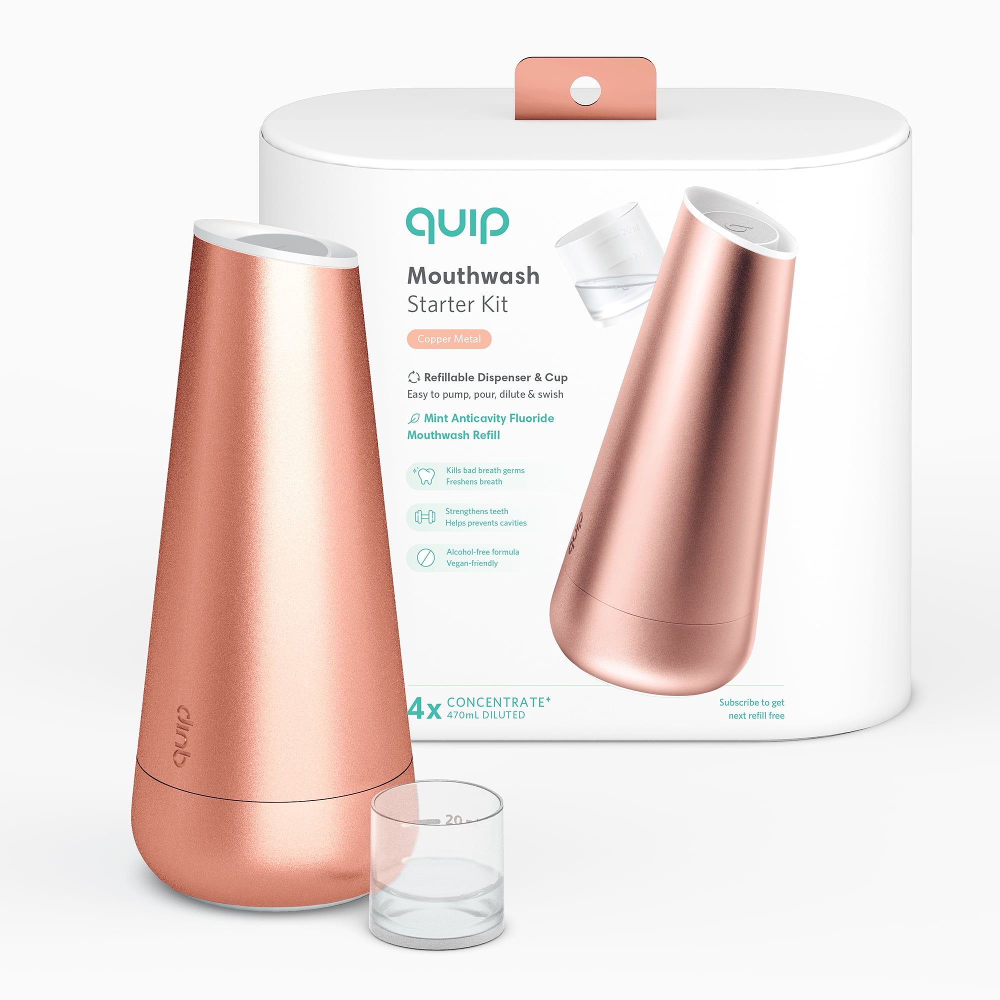 quip Mouthwash Kit, Dispenser & Cup, Mint Anticavity Fluoride Refill, Copper Metal