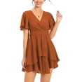 thumbnail image 6 of Aiyino Women's Dress Deep V-Neck Short Sleeve Waist Tie Ruffle Mini Swing Skater Dresses,Brown, 6 of 9