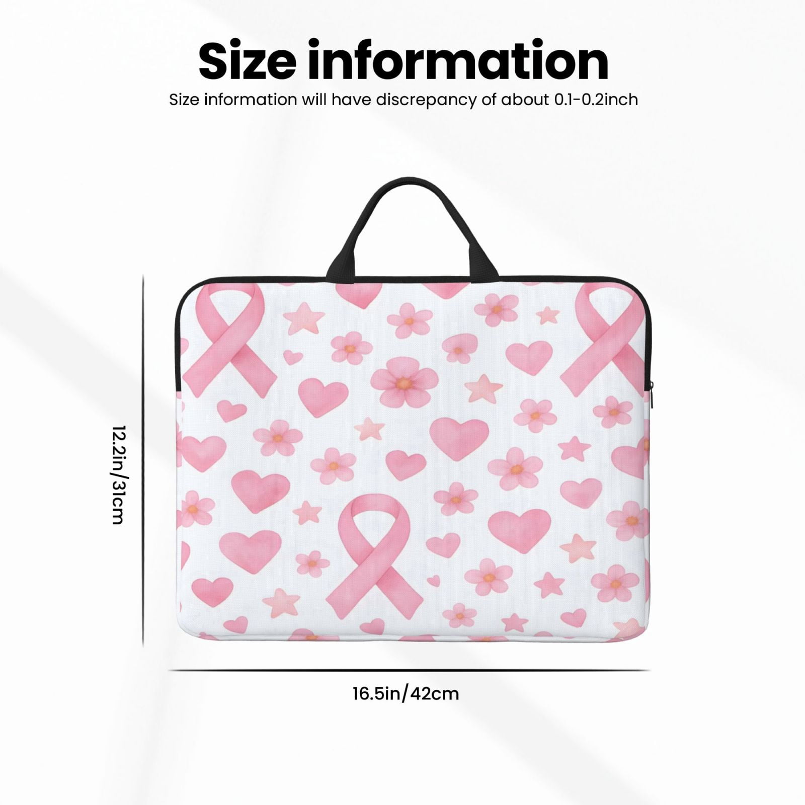 Laptop Sleeve Bag For Women Men 14inch Waterproof Durable Protective Computer Carrying Cover Handle Laptop Case Bag Watercolor Pink Ribbon Pattern With Hearts And Stars