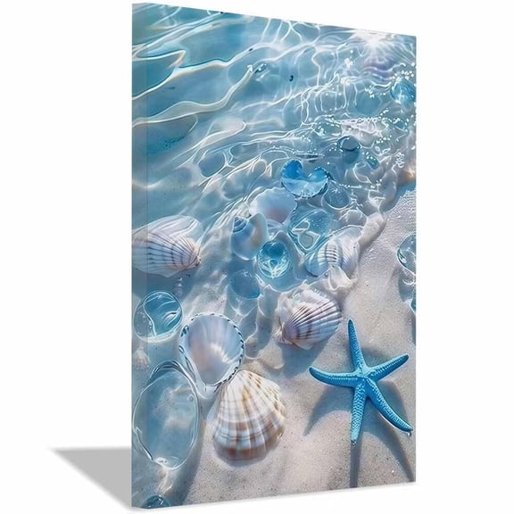 Clear Blue Seashell Starfish Canvas Wall Art,Beach Poster Prints,Boho Aesthetic Decor for Living Room Bedroom Bathroom Home Decor,Framed Ready to Hang-12"L x 8"W