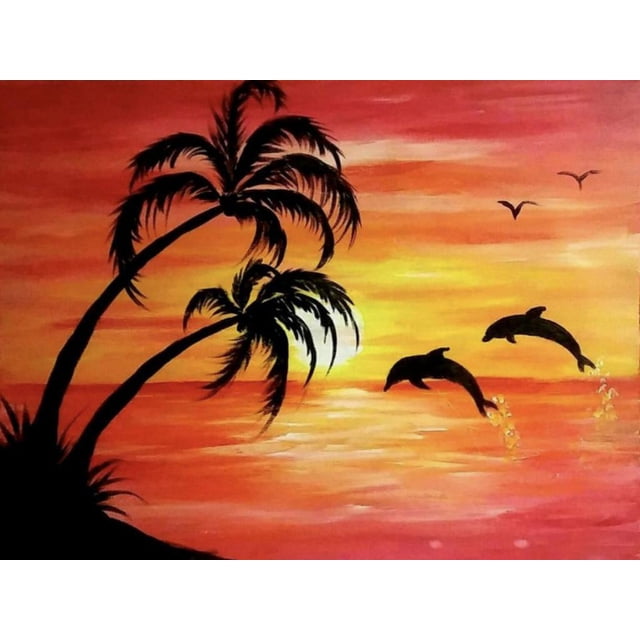 Cuadros Decorativos Puesta de sol paisaje playa palmera 5D DIY diamante pintura Kits completo redondo taladro Ehuebsd embutido en tela