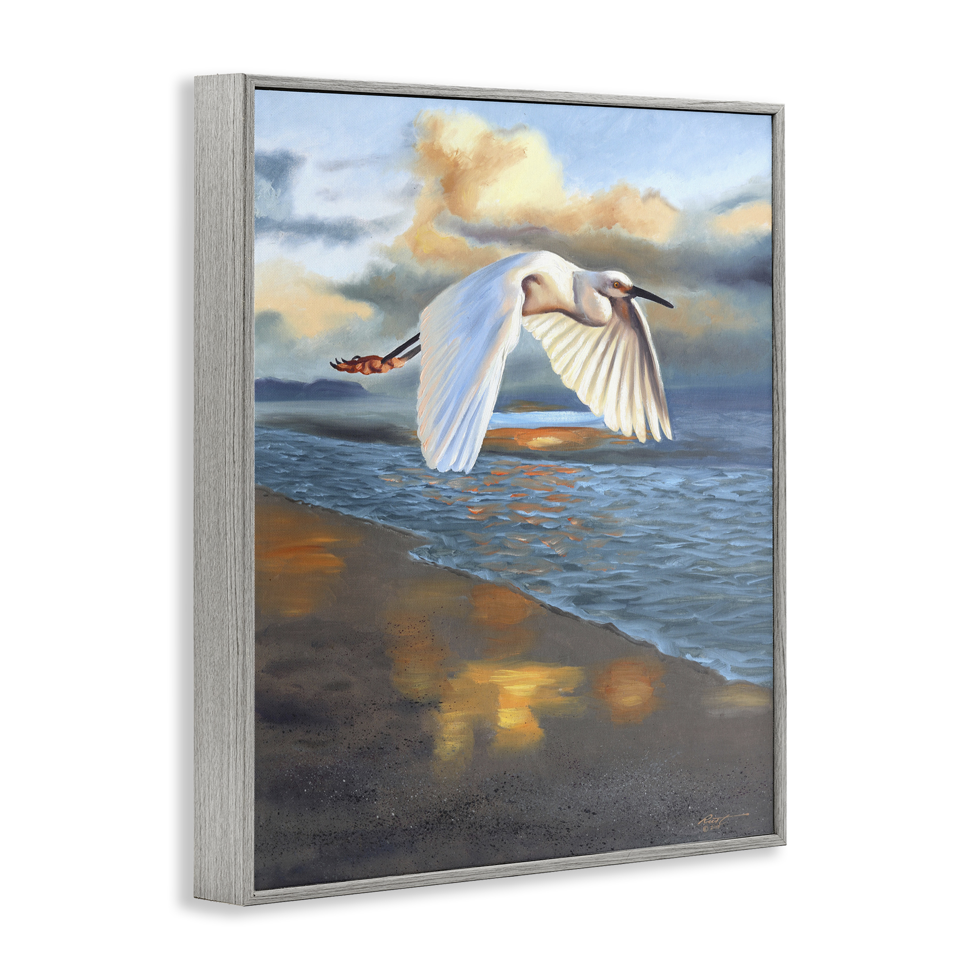 Stupell Industries Egret Wingspan over Beach Landscape Painting Gray Framed Art Print Wall Art, 24 x 30