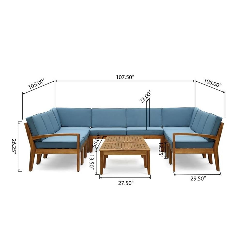 Wilcox Outdoor 12 Piece Sectional Sofa Set with Cushions, Teak, Blue