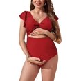 thumbnail image 1 of Traje de baño para mujer embarazo, traje de baño de una pieza de verano con cintura alta, traje de baño con ribete de puffle y escote delantero torcido, 1 of 1