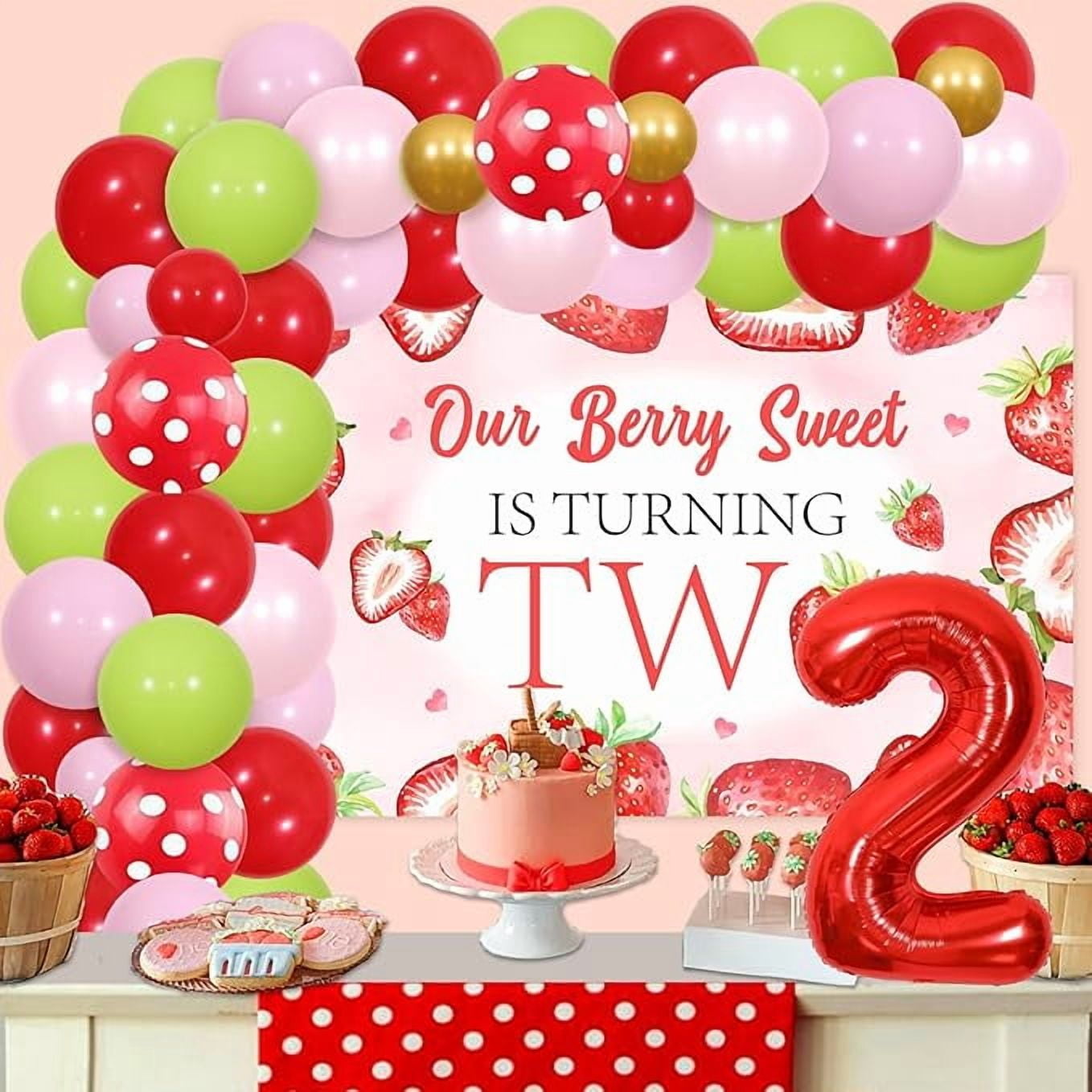 Two Sweet Strawberry Birthday Decorations, Fruit Berry 2nd Birthday Decorations for Girls - Strawberry Balloon Arch Kit with Our Berry Sweet Is Turning Two Backdrop, Foil Balloons