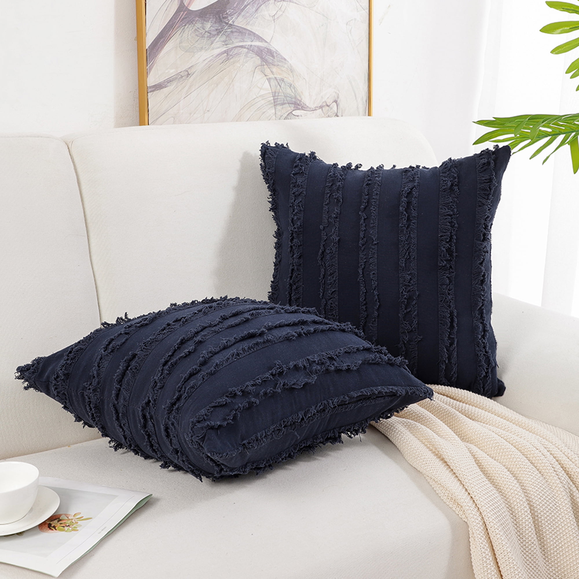 2Pcs Cotton Linen Decorative Throw Pillow Covers, Tassel Striped Sofa