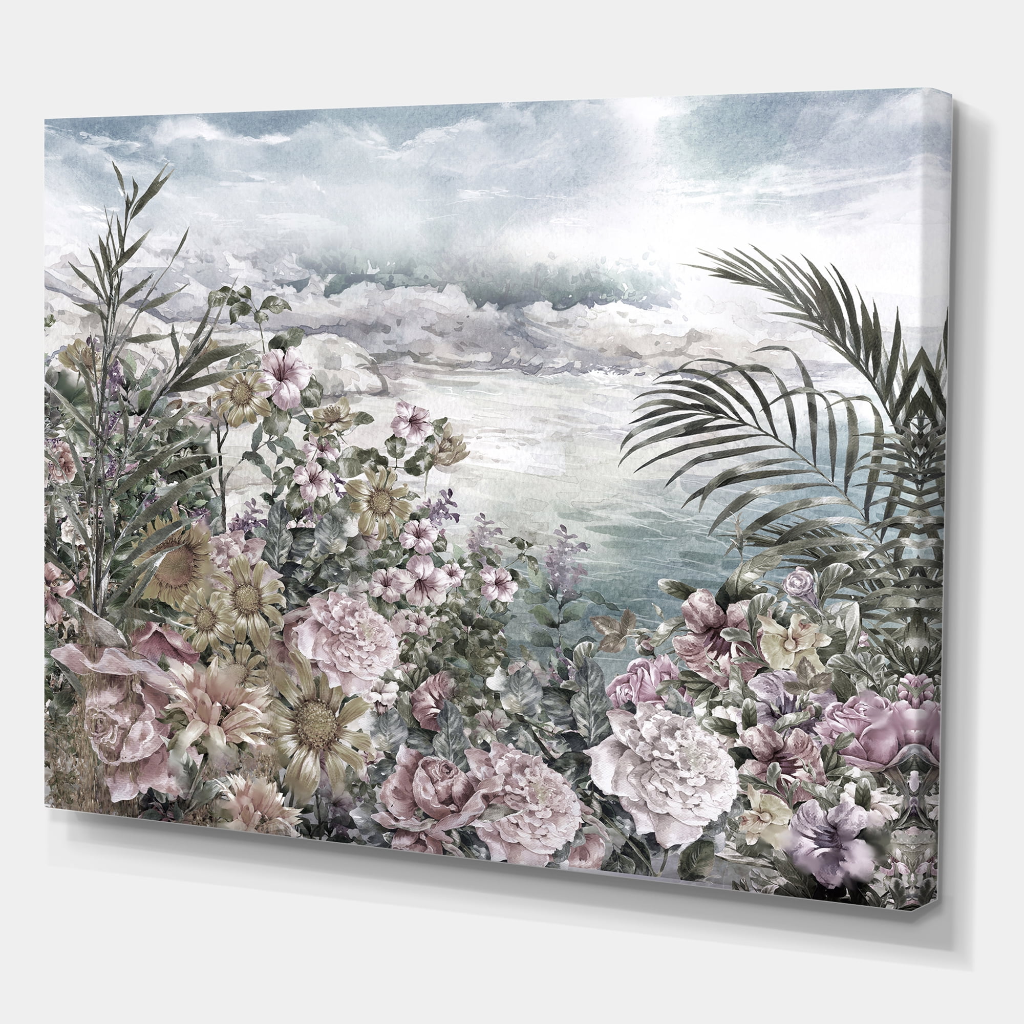 Abstract Retro Flowers By The Sea Side 32 in x 16 in Painting Canvas Art Print, by Designart