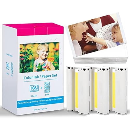 Selphy CP1500 Ink and Paper Compatible Canon CP1300, CP1500, CP1200, CP910, CP1000, CP900, CP800, CP810 Paper and Ink KP-108IN Selphy Photo Paper Glossy 4 x 6, 108 Sheets,3 Color Ink Cassette