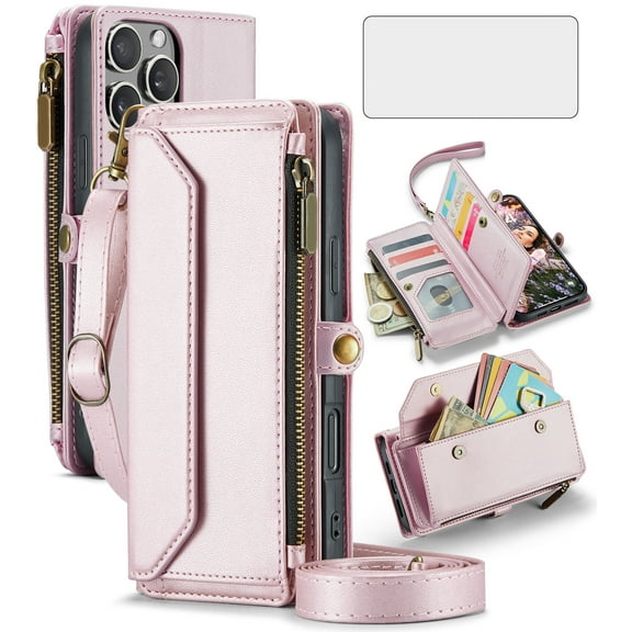 Compatible with iPhone 16 Pro Max 6.9 inch Zipper Wallet Phone Case Tempered Glass Screen Protector Crossbody Lanyard Strap Flip Card Holder Slot Cell Cover for i Phone16 16Pro i16PM Women Rose Gold