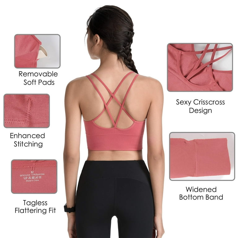 Women's Strappy Sports Bra, Criss Cross Back Bra, Padded Support Yoga Bra  for Indoor Outdoor Running Fitness Tank Tops, Red, S Size 