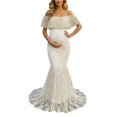 thumbnail image 4 of Gyujnb Off Shoulder Ruffle Flutter Sleeve Lace Maternity Gown Thin Spaghetti Strap Liner Fitted Long Train Formal Dress Elegant Outfit for Maternity Photoshoot Postpartum Party Wear,XL, 4 of 9