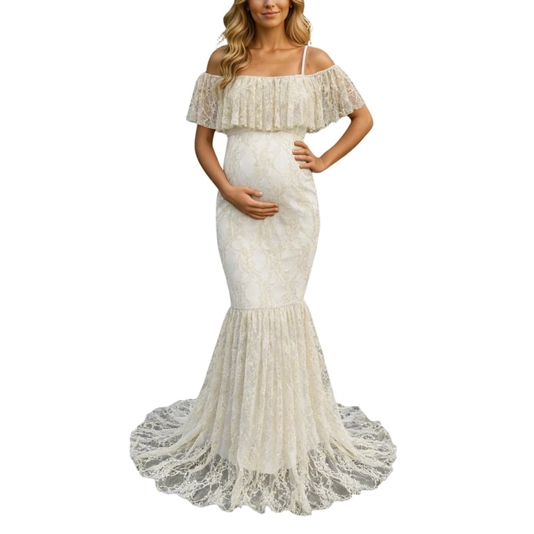 Gyujnb Off Shoulder Ruffle Flutter Sleeve Lace Maternity Gown Thin Spaghetti Strap Liner Fitted Long Train Formal Dress Elegant Outfit for Maternity Photoshoot Postpartum Party Wear,S