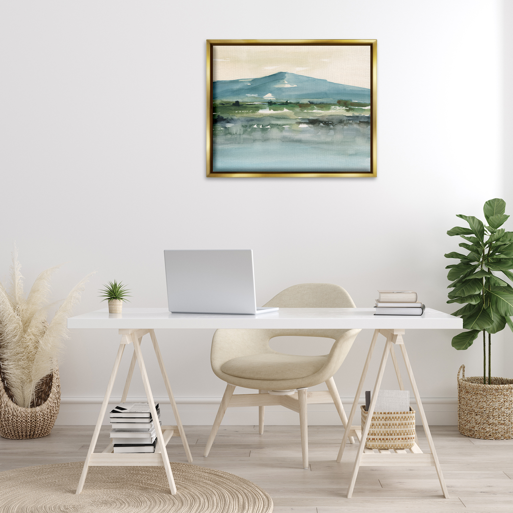 Stupell Industries Blue Mountain Watercolor Landscape & Nature Painting Gold Floater Framed Canvas Art Print Wall Art, 31 x 25