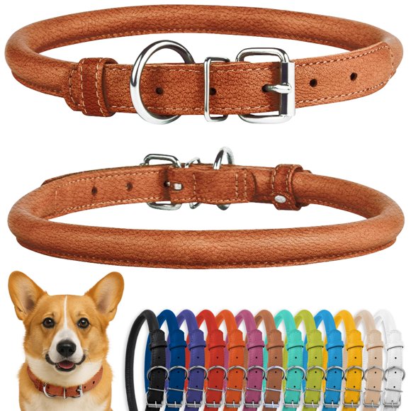 CollarDirect Rolled Leather Dog Collar Soft Padded Round Puppy Collar Handmade Genuine Leather Collar Dog Small Large Cat Collars 13 Colors (13-16 Inch Cinnamon Textured)