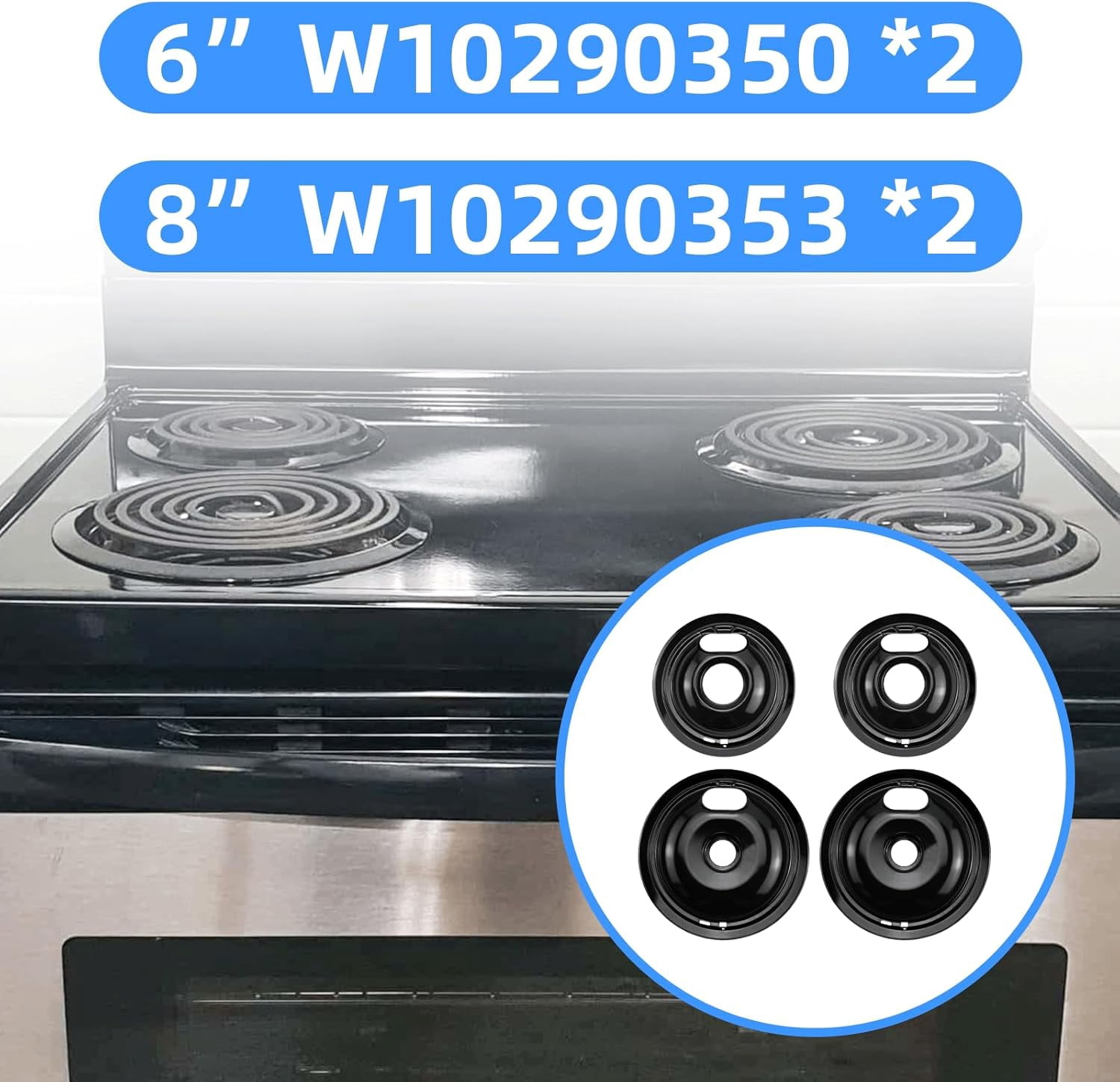 Black Stove Burner Drip Pans Replacement for Amana Crosley Electric Ran, Stove Top Drip Bowls Includes 1 Lar 8-Inch W10290353 and 3 Small 6-Inch W10290350 by