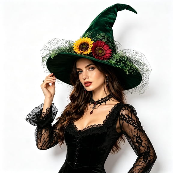 Qocolcyl 24 Inch Halloween Green Witch Hat, Forest Style Spiderweb Mesh Wizard Hat, Halloween Decorations, Gothic Cosplay Costume Accessory, Indoor Outdoor Party Photo Prop Holiday Dress Up Hat